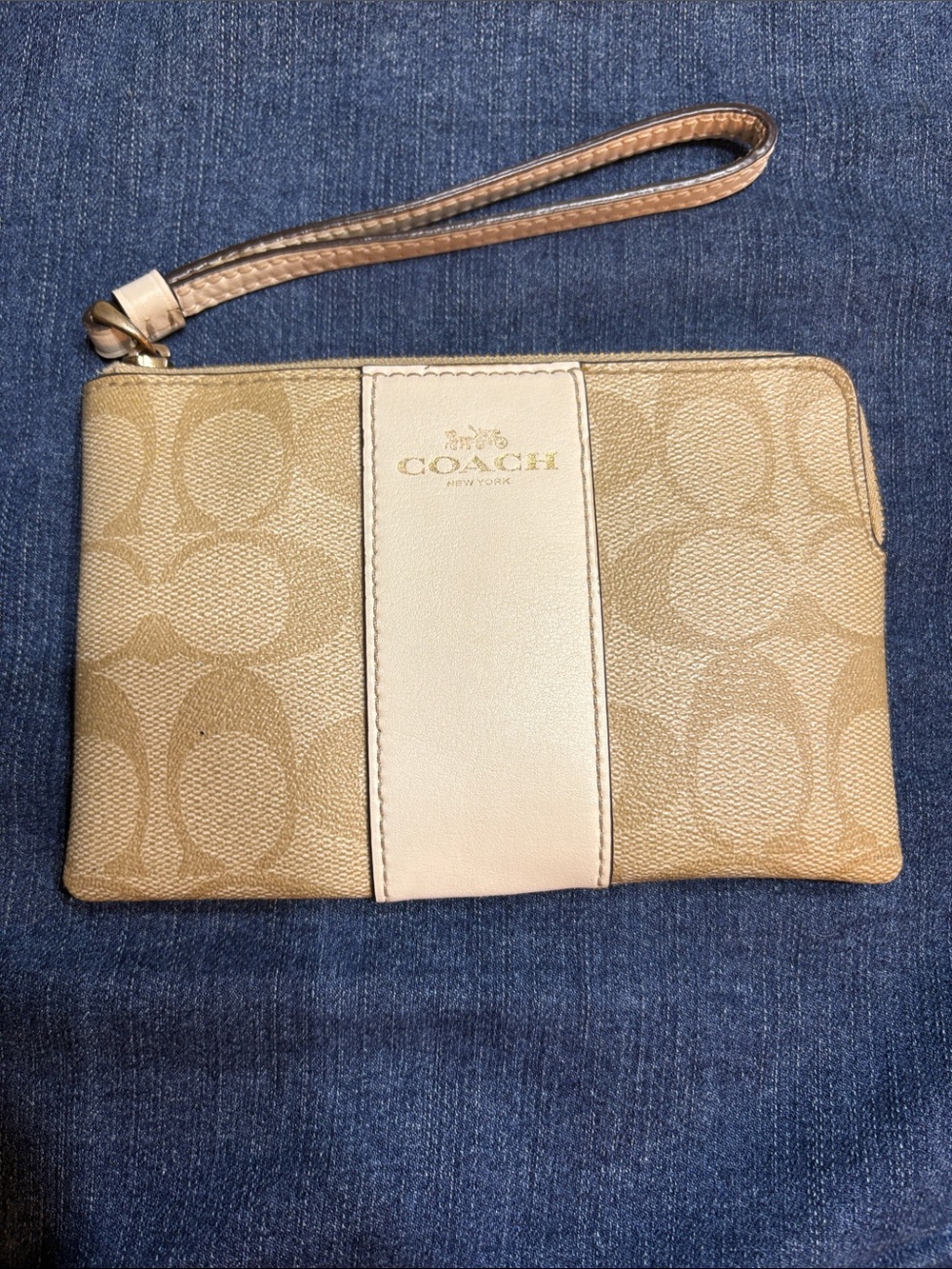 Coach Tan and Cream Signature Wristlet with Gold Logo